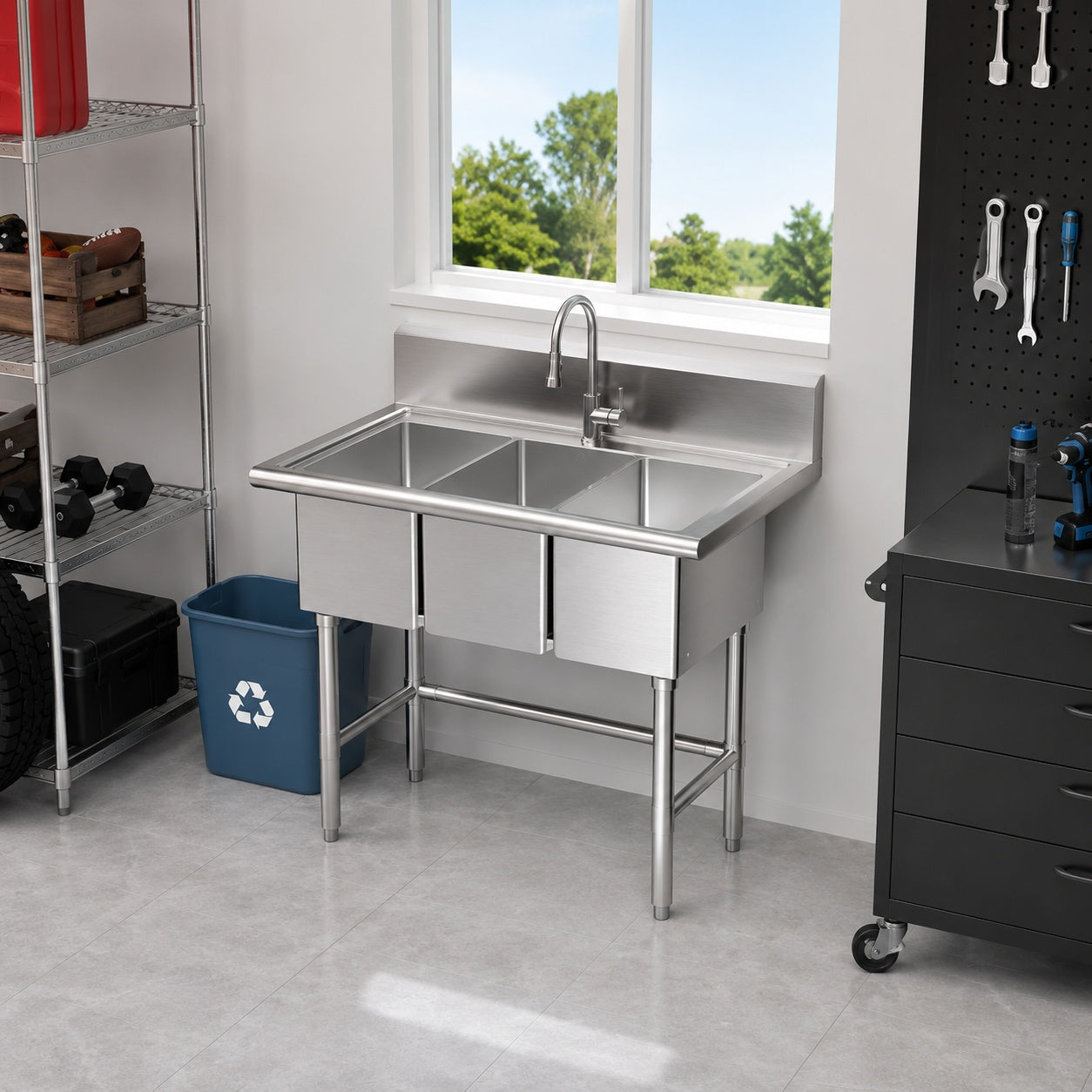 Glacier Bay 38 in W x 24 in D Freestanding Stainless Steel 3 Compartment Commercial Laundry Utility Sink with Faucet and Drain