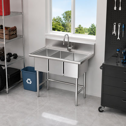 Glacier Bay 38 in W x 24 in D Freestanding Stainless Steel 3 Compartment Commercial Laundry Utility Sink with Faucet and Drain