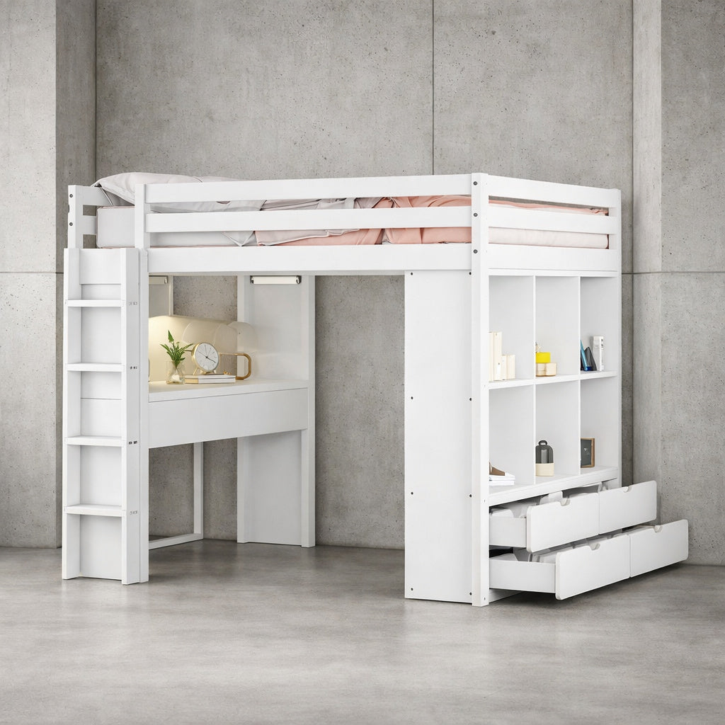 Harper Bright Designs White Wood Full Size Loft Bed With Multiple Shelves 6 Drawer Built In Desk Led Light