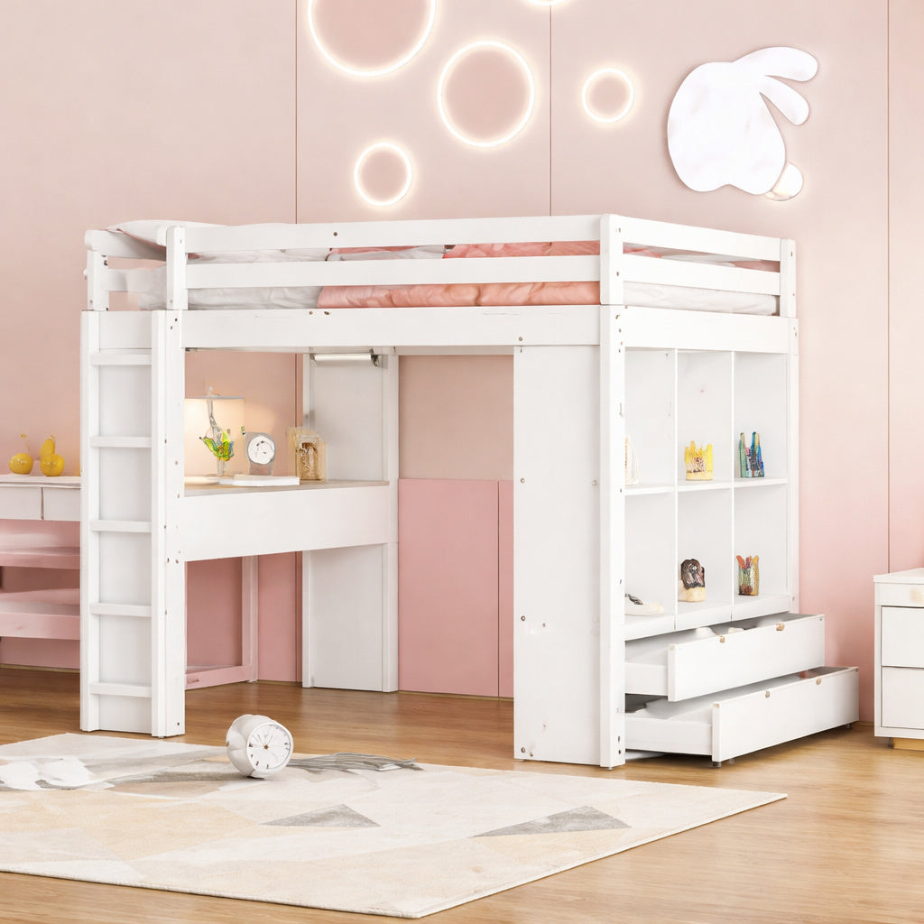 Harper Bright Designs White Wood Full Size Loft Bed With Multiple Shelves 6 Drawer Built In Desk Led Light
