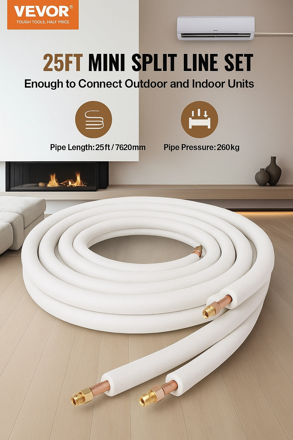 VEVOR 25 ft. Mini Split Line Set 1/4 in. and 1/2 in. O.D Copper Pipes Tubing and Triple-Layer Insulation for Air Conditioning