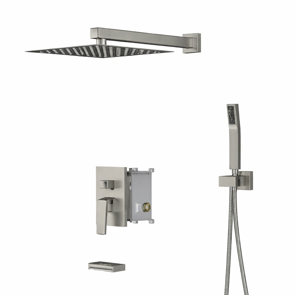 LORDEAR Single Handle 3 Spray Tub and Shower Faucet 1 8 GPM in Brushed Nickel 12 in Rain Shower Head and Valve Included
