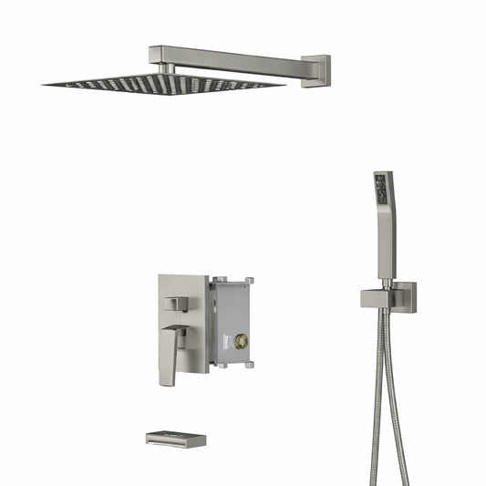LORDEAR Single Handle 3 Spray Tub and Shower Faucet 1 8 GPM in Brushed Nickel 12 in Rain Shower Head and Valve Included