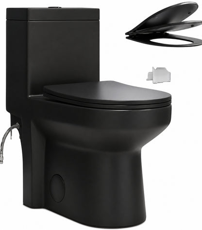 Hanikes 1 Piece 1 1 1 6 GPF Dual Flush Compact Round Toilet in Black Soft Close Seat Included