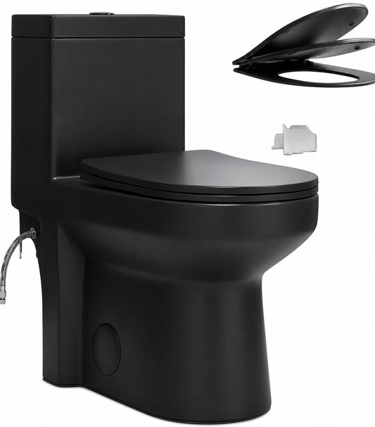 Hanikes 1 Piece 1 1 1 6 GPF Dual Flush Compact Round Toilet in Black Soft Close Seat Included