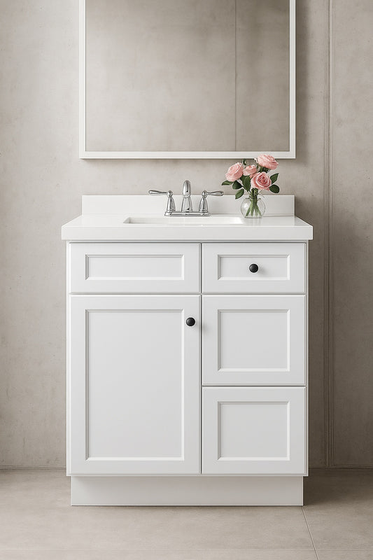 Hausvita 30 in W x 21 in D x 34 5 in H in Shaker White Plywood Ready to Assemble Floor Vanity Sink Base Kitchen Cabinet