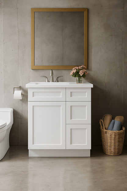 Hausvita 30 in W x 21 in D x 34 5 in H in Shaker White Plywood Ready to Assemble Floor Vanity Sink Base Kitchen Cabinet