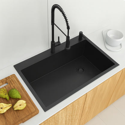 Glacier Bay 33 in Drop In Single Bowl 18 Gauge Black Stainless Steel Workstation Kitchen Sink with Waterfall and Spring Neck Faucet
