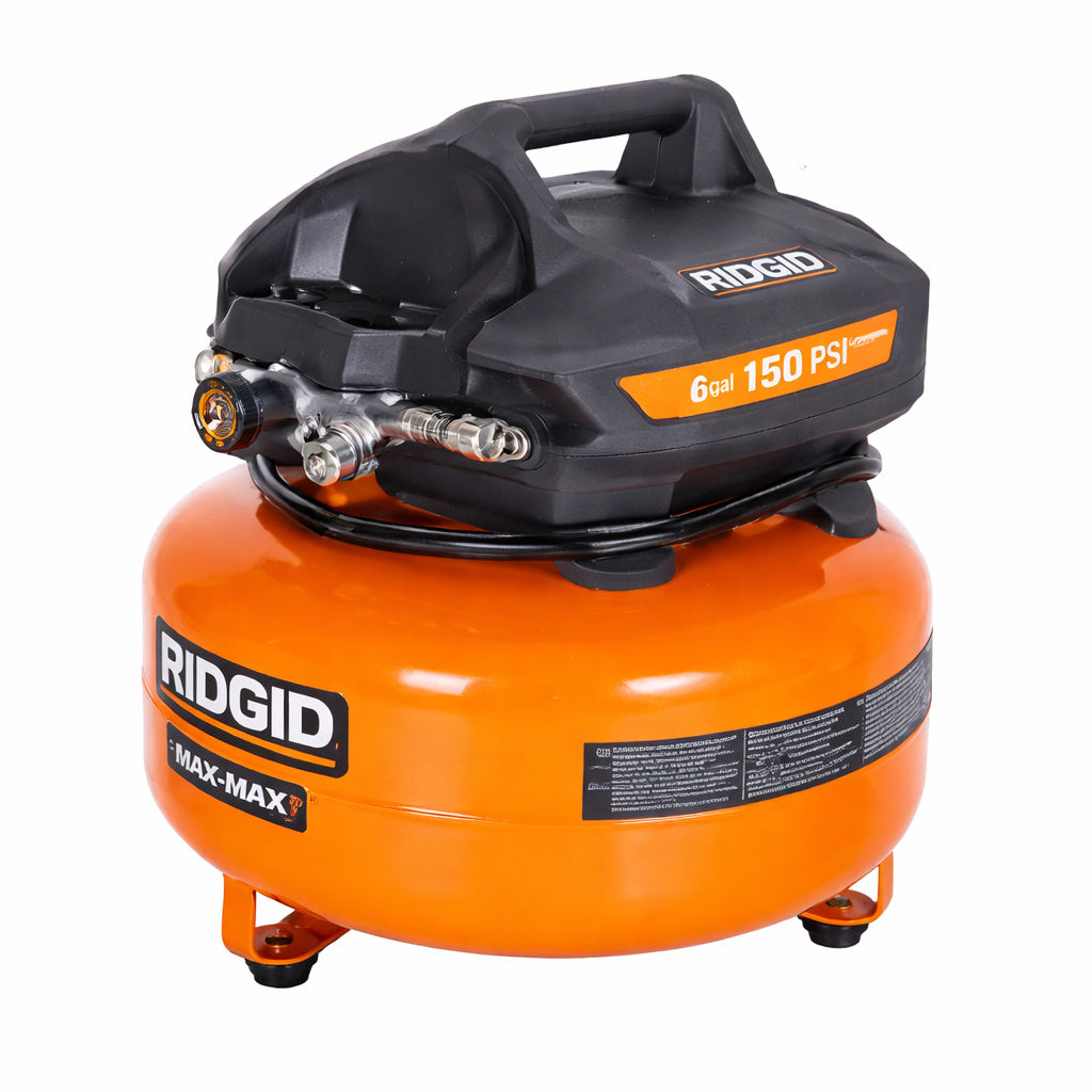 RIDGID 6 Gal 150 PSI Portable Electric Oil Free Jobsite Pancake Air Compressor with Dual Pressure Gauges and 2 Quick Couplers