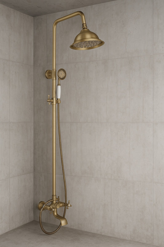 3-Spray Wall Bar Shower Kit Round Rain Shower Head with Tub Spout Hand Shower Brass Pipe 2 Cross Knobs in Antique
