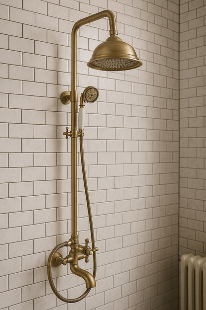 3-Spray Wall Bar Shower Kit Round Rain Shower Head with Tub Spout Hand Shower Brass Pipe 2 Cross Knobs in Antique