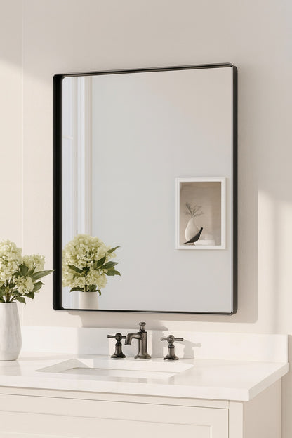 Keonjinn 30 In W X 36 In H Rectangular Framed Aluminum Square Corner Wall Mount Bathroom Vanity Mirror In Matte Black
