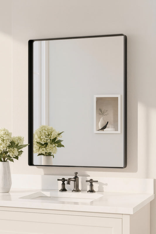 Keonjinn 30 In W X 36 In H Rectangular Framed Aluminum Square Corner Wall Mount Bathroom Vanity Mirror In Matte Black