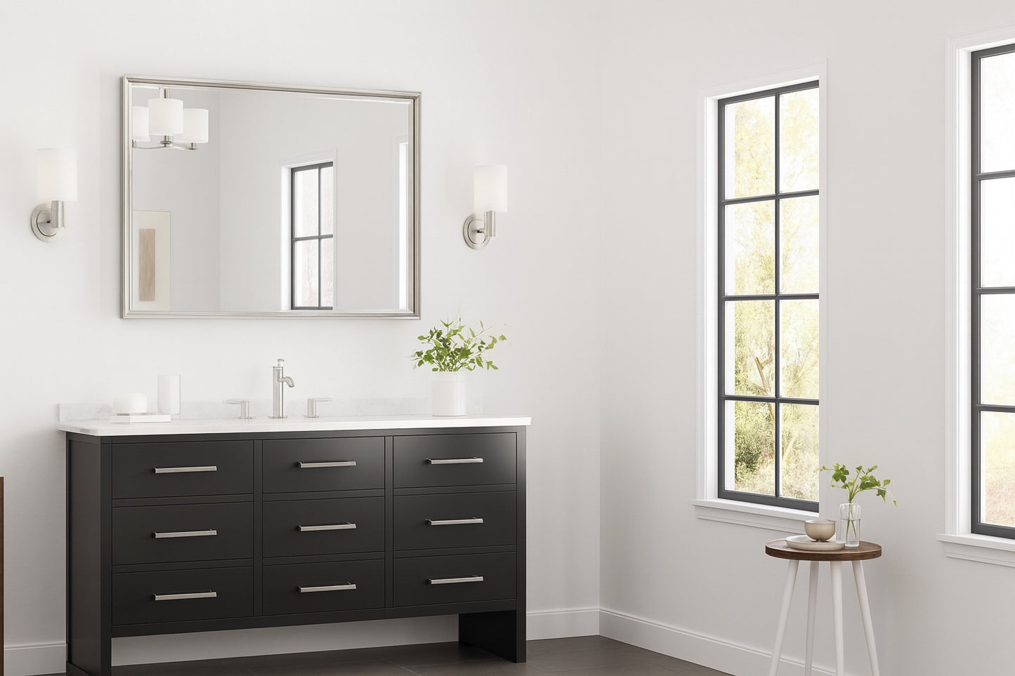 KeonJinn 40 in. W x 30 in. H Framed Brushed Silver Mirrors for Bathroom Wall Square Corner Bathroom Vanity Mirror Over Sink
