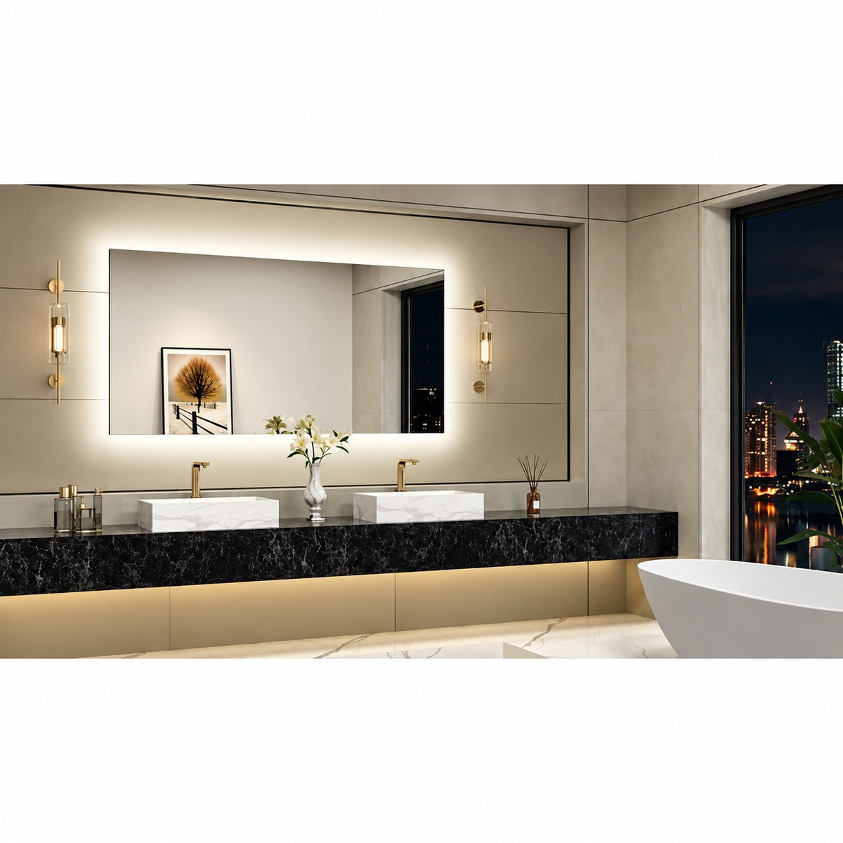 KeonJinn 72 in W x 36 in H Rectangular Frameless LED Light 3 Color Dimmable Anti Fog Wall Bathroom Vanity Mirror with Backlit