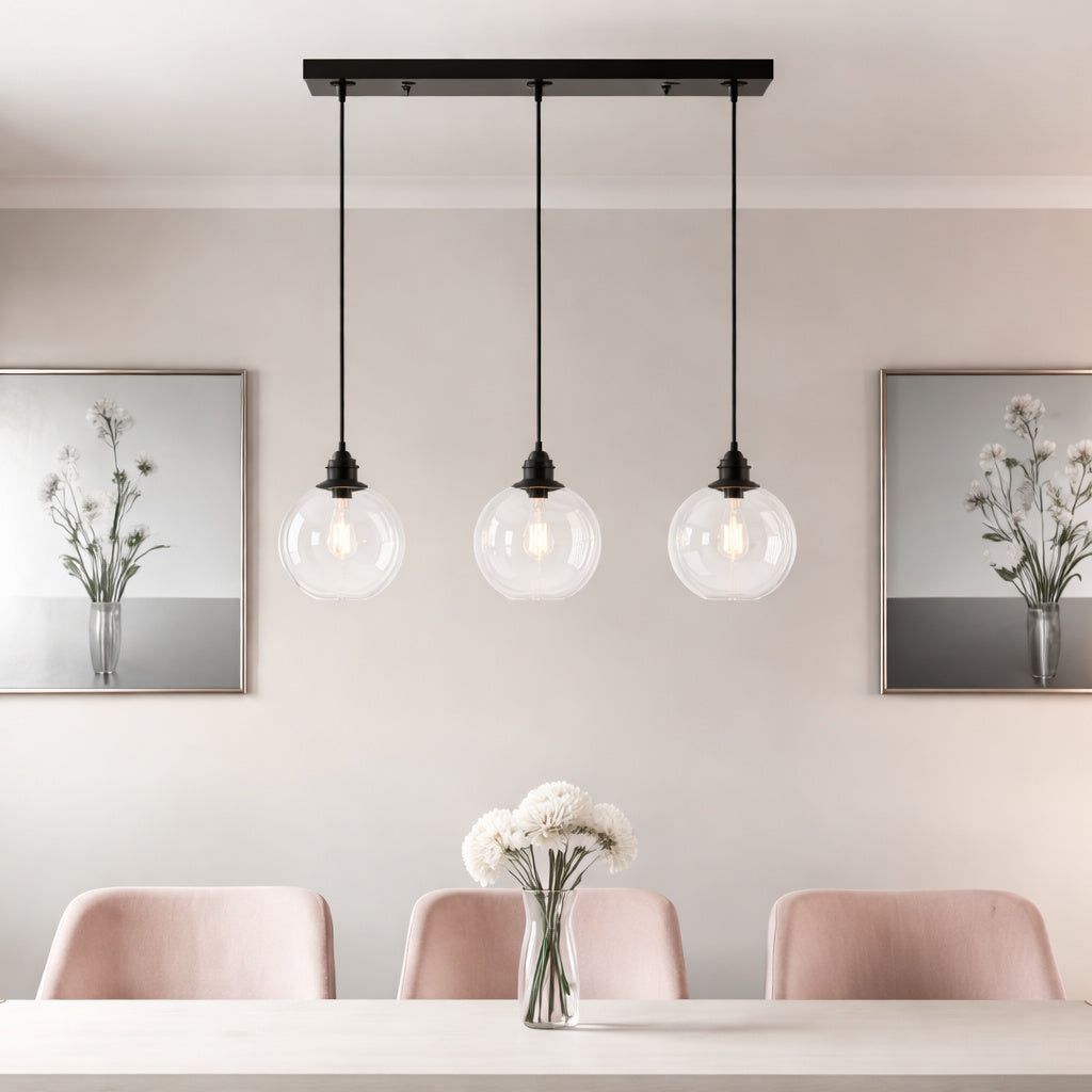 GoYeel Glazure 3 Light Matte Black Modern Art Clear Seeded Glass Globes Linear Island Pendant Light