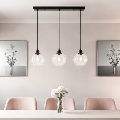 GoYeel Glazure 3 Light Matte Black Modern Art Clear Seeded Glass Globes Linear Island Pendant Light