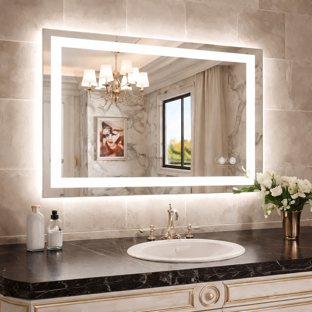 KIOTEE 40 in. W x 32 in. H Rectangular Frameless LED Front Lit, RGB Backlit Anti-Fog Tempered Glass Wall Bathroom Vanity Mirror