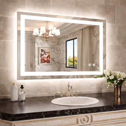 KIOTEE 40 in. W x 32 in. H Rectangular Frameless LED Front Lit, RGB Backlit Anti-Fog Tempered Glass Wall Bathroom Vanity Mirror