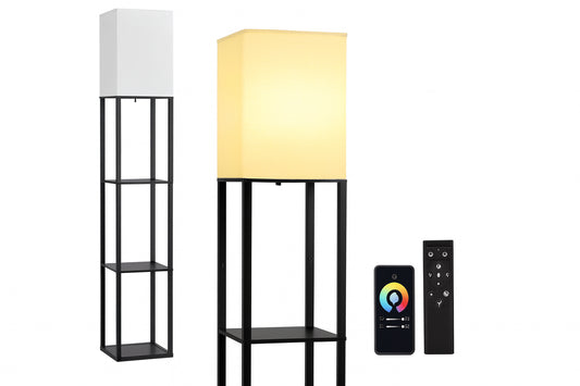 BICIK 63 in. Black 1-Light Dimmable Column Floor Lamp for Living Room with Linen Shade and Remote Control