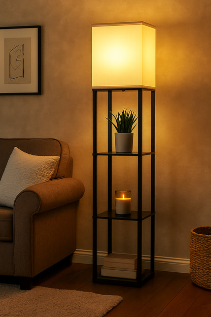 BICIK 63 in. Black 1-Light Dimmable Column Floor Lamp for Living Room with Linen Shade and Remote Control