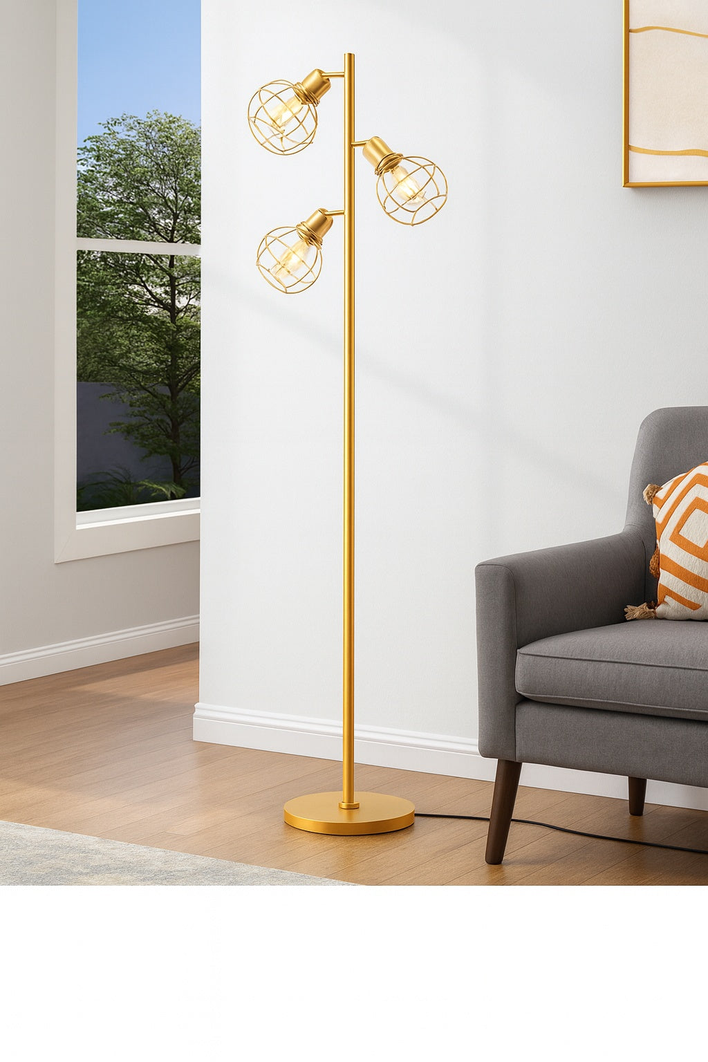 DEWENWILS 65 in Gold Metal 3 Light Dimmable Tree Floor Lamp for Living Room with Metal Cage Shade 3 Bulbs Included