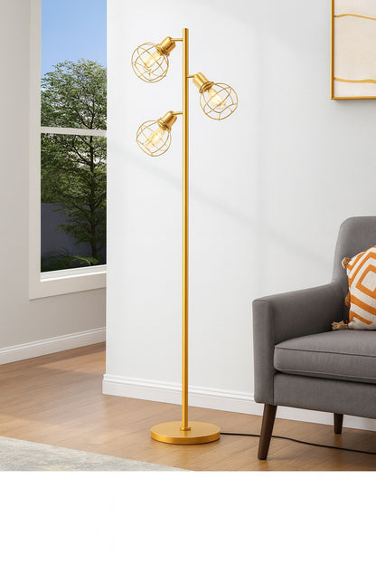 DEWENWILS 65 in Gold Metal 3 Light Dimmable Tree Floor Lamp for Living Room with Metal Cage Shade 3 Bulbs Included