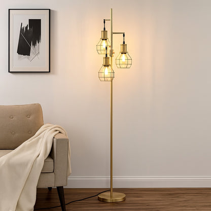 DEWENWILS 65 in Gold Metal 3 Light Dimmable Tree Floor Lamp for Living Room with Metal Cage Shade 3 Bulbs Included