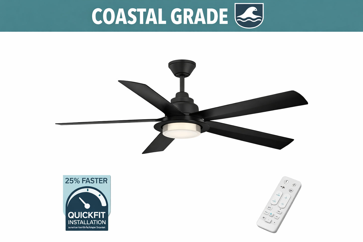 Hampton Bay Mable 52 in Indoor Outdoor Coastal Grade Matte Black Ceiling Fan with Adjustable White LED and Remote Included