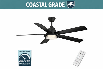 Hampton Bay Mable 52 in Indoor Outdoor Coastal Grade Matte Black Ceiling Fan with Adjustable White LED and Remote Included