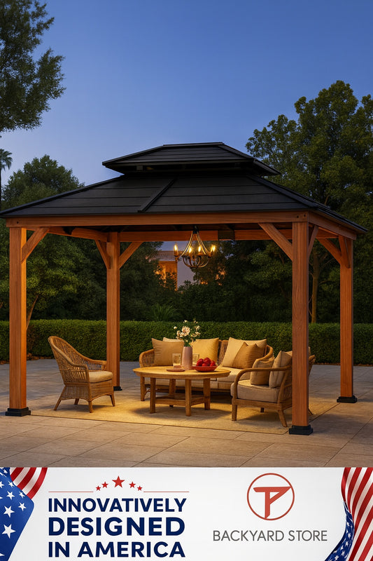 Inmitom 13 Ft X 11 Ft Cedar Wood Frame Gazebo With Double Galvanized Steel Roof And Mosquito Netting For Outdoor Patio