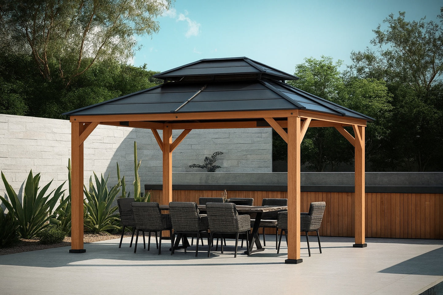 Inmitom 13 Ft X 11 Ft Cedar Wood Frame Gazebo With Double Galvanized Steel Roof And Mosquito Netting For Outdoor Patio