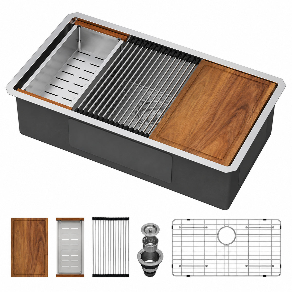 LORDEAR 33 in Drop In Workstation 16 Gauge Stainless Steel Single Bowl Undermount Kitchen Sink with Cutting Board