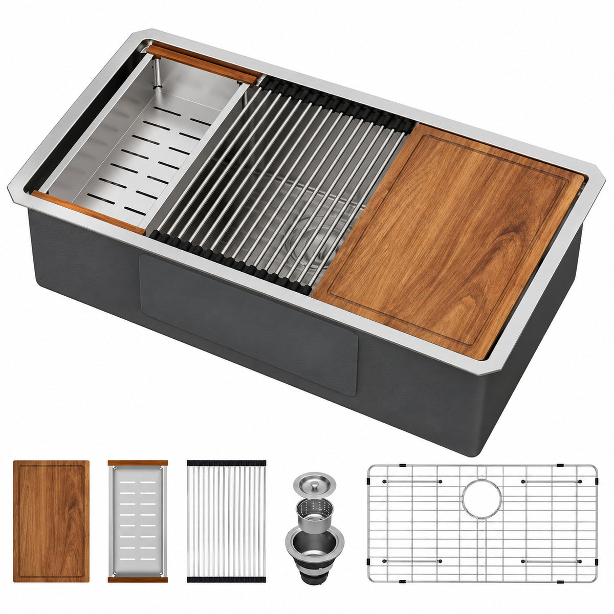 LORDEAR 33 in Drop In Workstation 16 Gauge Stainless Steel Single Bowl Undermount Kitchen Sink with Cutting Board L 23US B