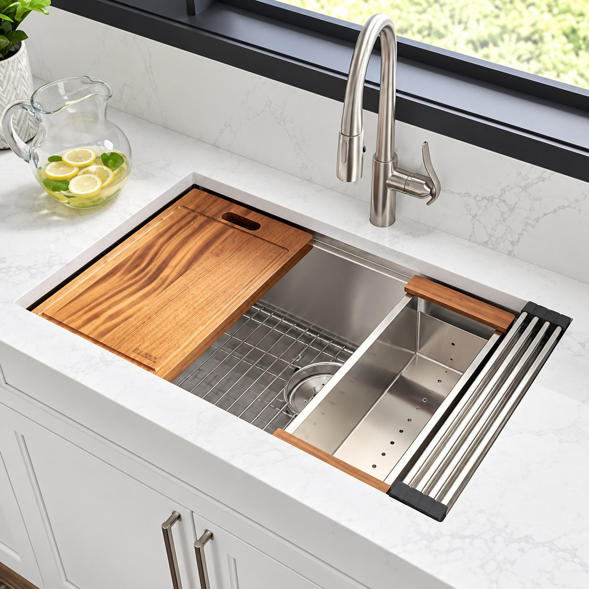 LORDEAR 33 in Drop In Workstation 16 Gauge Stainless Steel Single Bowl Undermount Kitchen Sink with Cutting Board