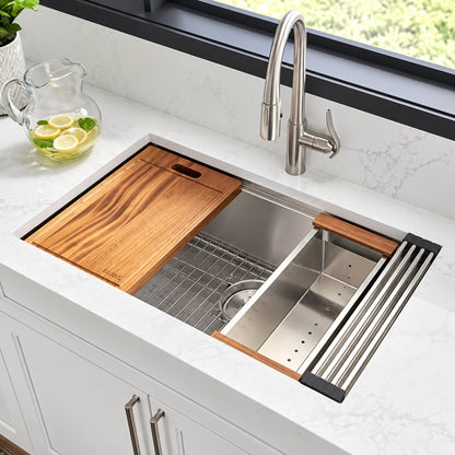 LORDEAR 33 in Drop In Workstation 16 Gauge Stainless Steel Single Bowl Undermount Kitchen Sink with Cutting Board
