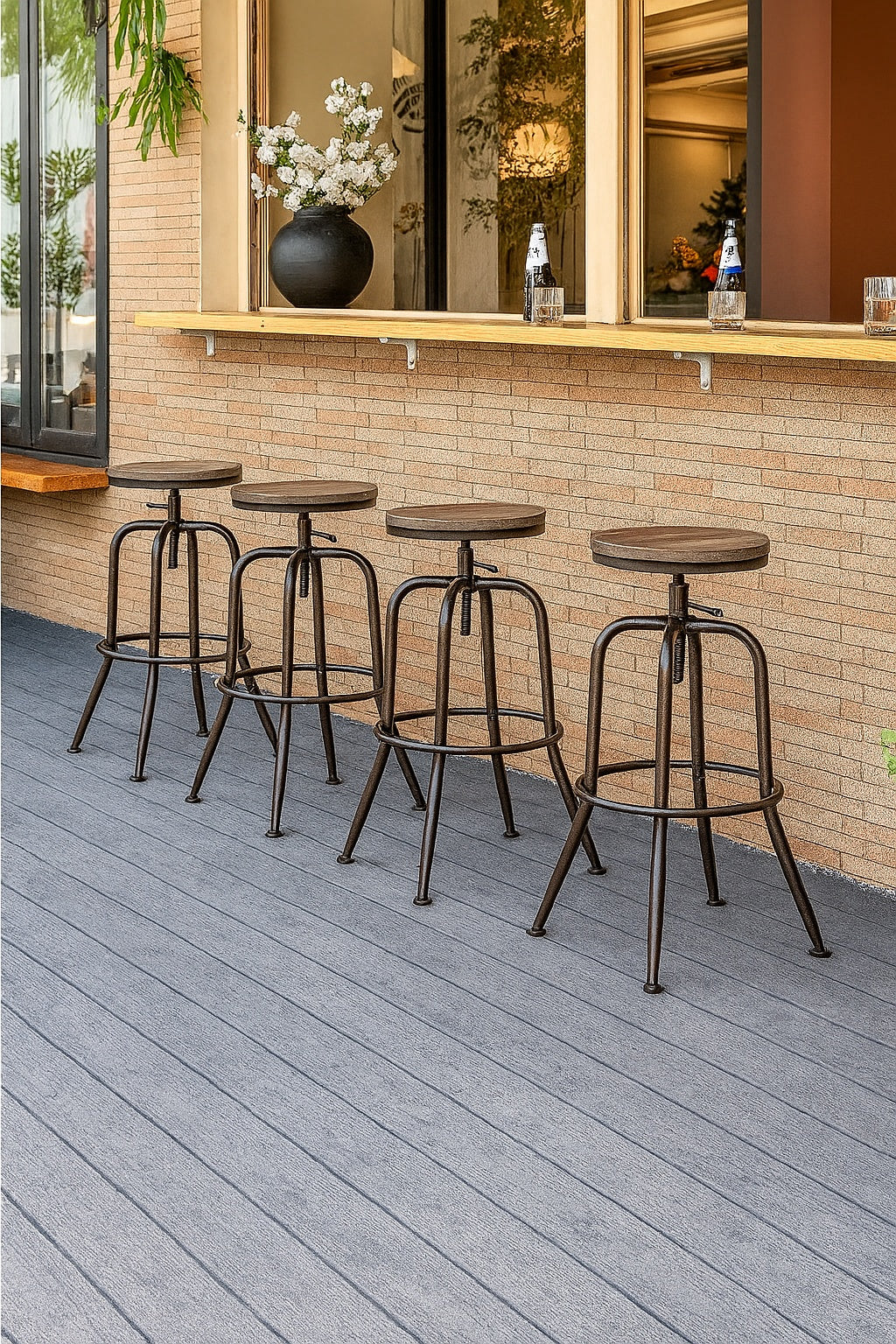 30 3 in Adjustable Height Walnut Backless Metal Frame Swivel Industrial Bar Stool with Wood Seat Set of 4 ANACLETUS WALNUT 4