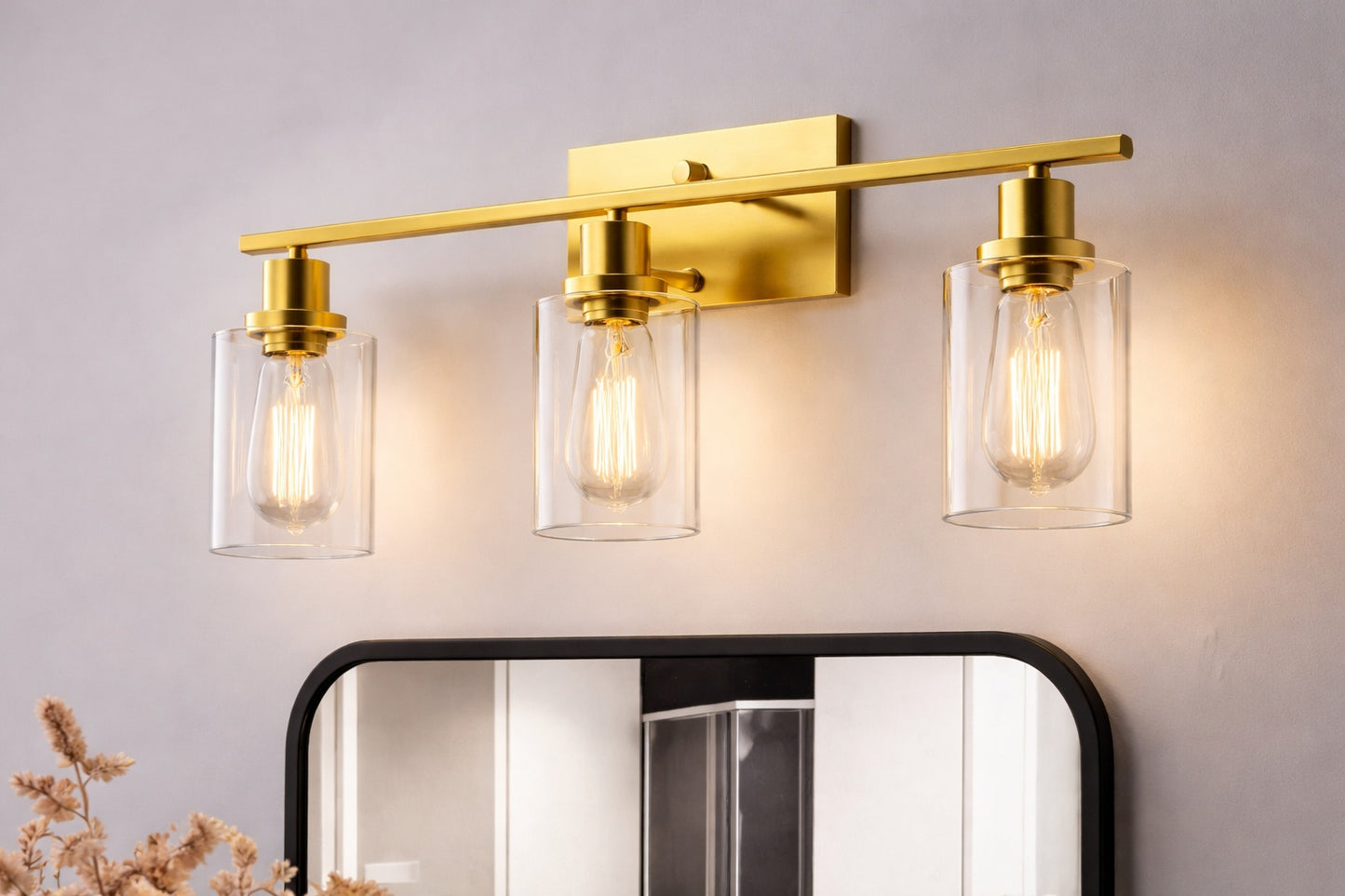 YANSUN 24 in 3 Light Industrial Gold Vanity Light Fixtures for Bathroom with Clear Glass Shades