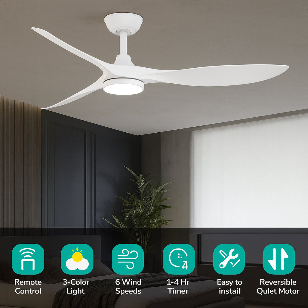 QRMOK R3 52 in. Indoor Ceiling Fan with Light and Remote Flush Mount Low Profile,Quiet Reversible DC Motor, 3 CCT Light,White