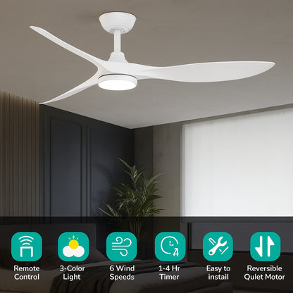 QRMOK R3 52 in. Indoor Ceiling Fan with Light and Remote Flush Mount Low Profile,Quiet Reversible DC Motor, 3 CCT Light,White