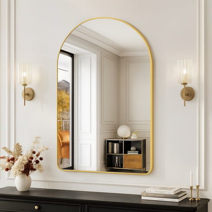 WELLFOR Bella 24 in. W x 36 in H Arch Anodized Aluminum Framed Bathroom Vanity Mirror in Brushed Gold