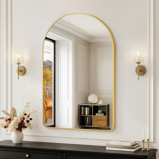 WELLFOR Bella 24 in. W x 36 in H Arch Anodized Aluminum Framed Bathroom Vanity Mirror in Brushed Gold
