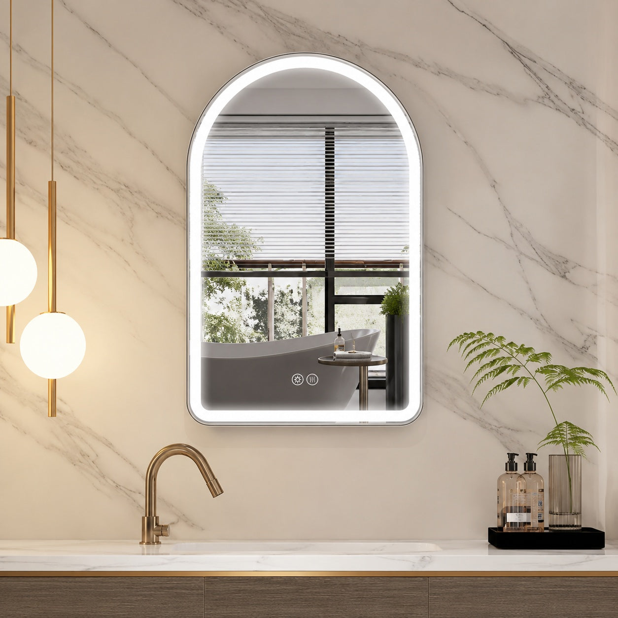 WELLFOR BONIE 24 in W x 36 in H Arched Framed LED Anti Fog Wall Bathroom Vanity Mirror in Matte Black