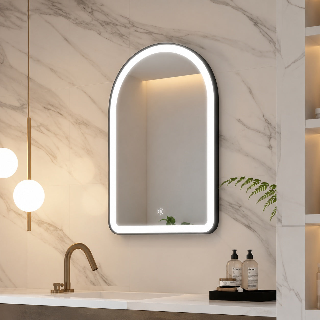 WELLFOR BONIE 24 in W x 36 in H Arched Framed LED Anti Fog Wall Bathroom Vanity Mirror in Matte Black