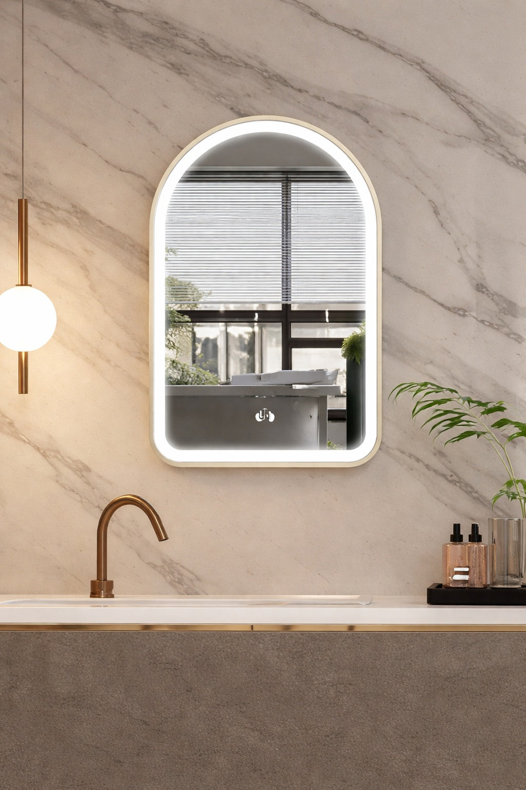 WELLFOR BONIE 24 in W x 36 in H Arched Framed LED Anti Fog Wall Bathroom Vanity Mirror in Brushed Gold