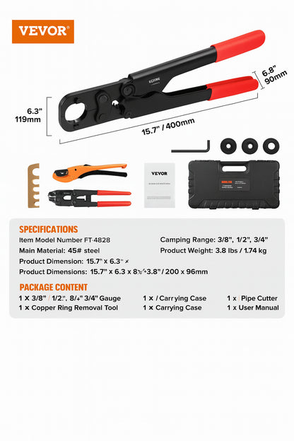 SKYSHALO PEX Pipe Crimping Tool Kit Pro Press Crimper for 3/8 in. 1/2 in. 3/4 in. 1in. Crimp Rings with 3 Jaw Dies PEX Wrench