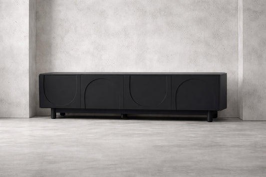 Harper Bright Designs Black Modern Tv Stand Fits Tvs Up To 78 In With Elegant Arch Pattern Design Adjustable Shelves Solid Wood Legs