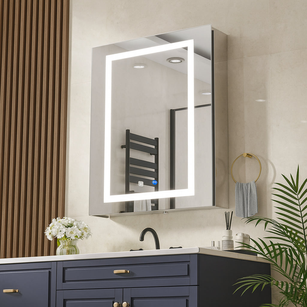 Simple Project 20 in. W x 28 in. H Rectangular Aluminum Light Medicine Cabinet with Mirror, Defogging, Mounted Recessed or Surface