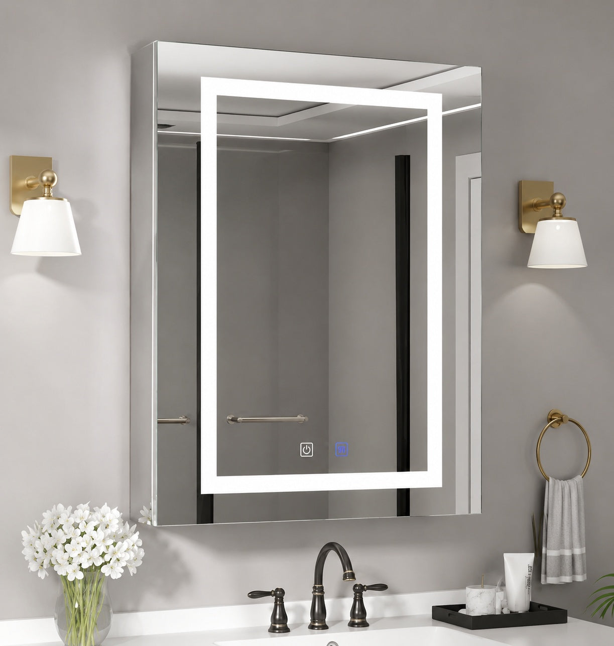 Simple Project 24 in W x 30 in H Rectangular Aluminum Light Medicine Cabinet with Mirror Defogging Mounted Recessed or Surface