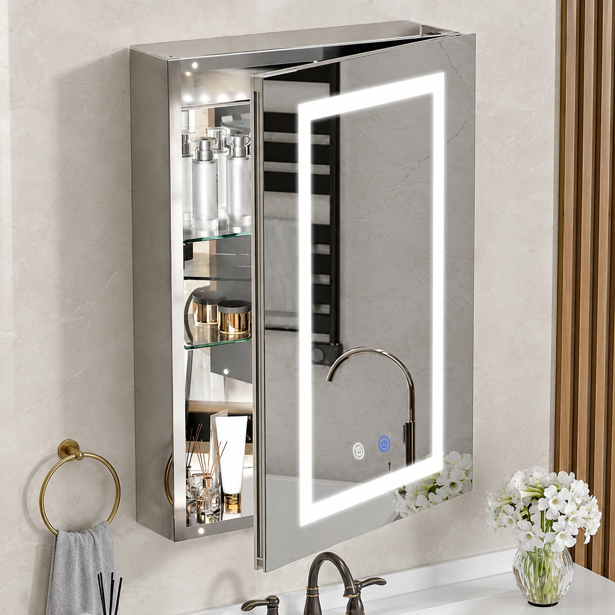 Simple Project 24 in W x 30 in H Rectangular Aluminum Light Medicine Cabinet with Mirror Defogging Mounted Recessed or Surface